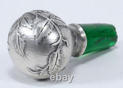 Antique Art Nouveau Perfume Bottle Green Glass and Fine Silver Overlay 999/1000