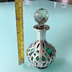 Antique Art Nouveau Perfume Green Glass Bottle with Sterling Silver Overlay. #3