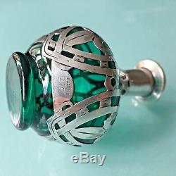 Antique Art Nouveau Perfume Green Glass Bottle with Sterling Silver Overlay. #3