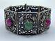 Antique Art Nouveau Period Continental Silver Green & Pink Jade Bracelet