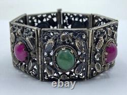 Antique Art Nouveau Period Continental Silver Green & Pink Jade Bracelet