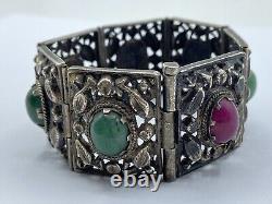 Antique Art Nouveau Period Continental Silver Green & Pink Jade Bracelet