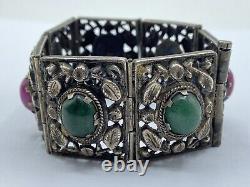 Antique Art Nouveau Period Continental Silver Green & Pink Jade Bracelet