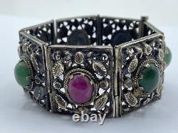 Antique Art Nouveau Period Continental Silver Green & Pink Jade Bracelet