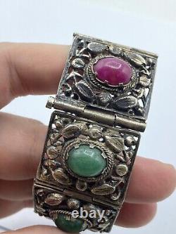 Antique Art Nouveau Period Continental Silver Green & Pink Jade Bracelet