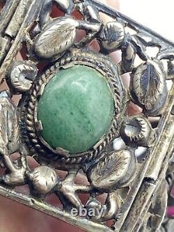 Antique Art Nouveau Period Continental Silver Green & Pink Jade Bracelet