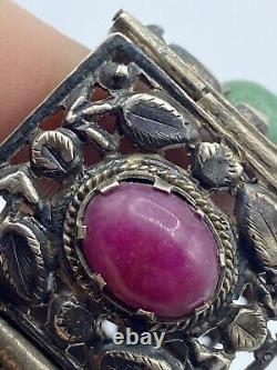 Antique Art Nouveau Period Continental Silver Green & Pink Jade Bracelet