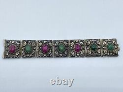 Antique Art Nouveau Period Continental Silver Green & Pink Jade Bracelet