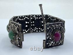 Antique Art Nouveau Period Continental Silver Green & Pink Jade Bracelet