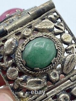 Antique Art Nouveau Period Continental Silver Green & Pink Jade Bracelet