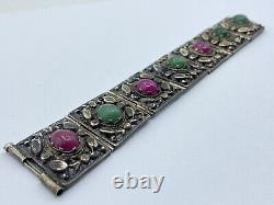 Antique Art Nouveau Period Continental Silver Green & Pink Jade Bracelet