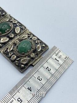 Antique Art Nouveau Period Continental Silver Green & Pink Jade Bracelet