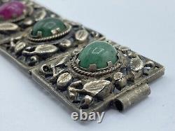 Antique Art Nouveau Period Continental Silver Green & Pink Jade Bracelet