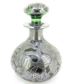 Antique Art Nouveau Period Green Glass & Sterling Silver Overlay Perfume Bottle