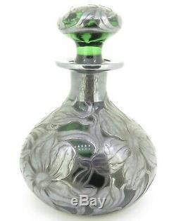 Antique Art Nouveau Period Green Glass & Sterling Silver Overlay Perfume Bottle