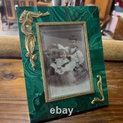 Antique Art Nouveau Picture Frame Green Malachite Stone Gold Vermeil with Photo