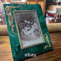 Antique Art Nouveau Picture Frame Green Malachite Stone Gold Vermeil with Photo