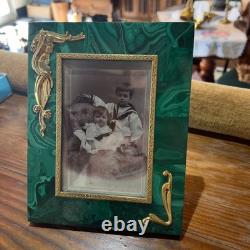 Antique Art Nouveau Picture Frame Green Malachite Stone Gold Vermeil with Photo
