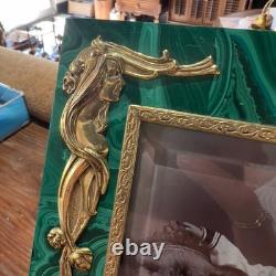 Antique Art Nouveau Picture Frame Green Malachite Stone Gold Vermeil with Photo