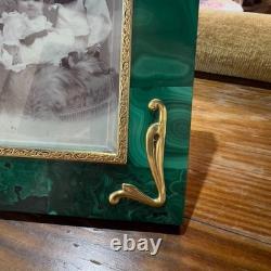 Antique Art Nouveau Picture Frame Green Malachite Stone Gold Vermeil with Photo