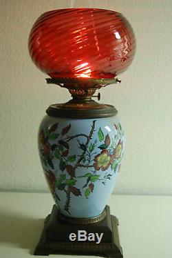 Antique Art Nouveau Porcelain Wild Roses Colibri Bird Asian Oil Green Blue Lamp