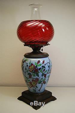 Antique Art Nouveau Porcelain Wild Roses Colibri Bird Asian Oil Green Blue Lamp