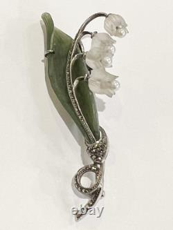 Antique Art Nouveau SS Nephrite Pearl Quartz Marcasite Lily Of the Valley Pin
