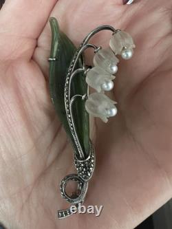 Antique Art Nouveau SS Nephrite Pearl Quartz Marcasite Lily Of the Valley Pin
