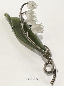 Antique Art Nouveau SS Nephrite Pearl Quartz Marcasite Lily Of the Valley Pin