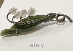 Antique Art Nouveau SS Nephrite Pearl Quartz Marcasite Lily Of the Valley Pin