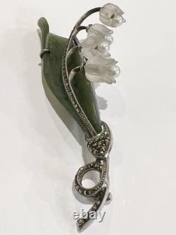 Antique Art Nouveau SS Nephrite Pearl Quartz Marcasite Lily Of the Valley Pin