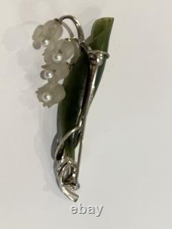 Antique Art Nouveau SS Nephrite Pearl Quartz Marcasite Lily Of the Valley Pin