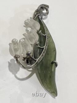 Antique Art Nouveau SS Nephrite Pearl Quartz Marcasite Lily Of the Valley Pin