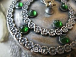Antique Art Nouveau Silver Floral Emerald Green Jewel Tassel Frame Mesh Purse