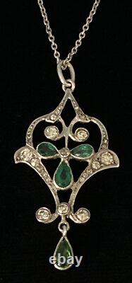 Antique Art Nouveau Silver Green and Clear Paste Drop Pendant with Chain