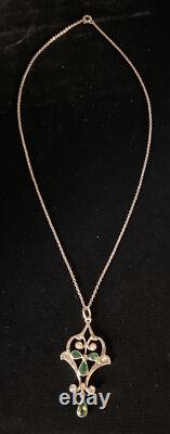 Antique Art Nouveau Silver Green and Clear Paste Drop Pendant with Chain