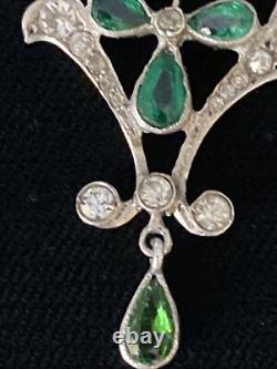 Antique Art Nouveau Silver Green and Clear Paste Drop Pendant with Chain