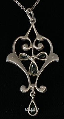 Antique Art Nouveau Silver Green and Clear Paste Drop Pendant with Chain