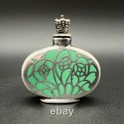 Antique Art Nouveau Silver Overlay Green Glass Miniature Bottle WithCrown Stopper