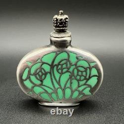 Antique Art Nouveau Silver Overlay Green Glass Miniature Bottle WithCrown Stopper