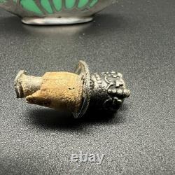 Antique Art Nouveau Silver Overlay Green Glass Miniature Bottle WithCrown Stopper