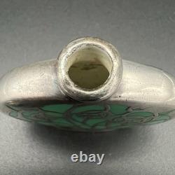 Antique Art Nouveau Silver Overlay Green Glass Miniature Bottle WithCrown Stopper