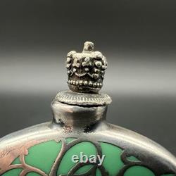 Antique Art Nouveau Silver Overlay Green Glass Miniature Bottle WithCrown Stopper