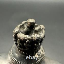 Antique Art Nouveau Silver Overlay Green Glass Miniature Bottle WithCrown Stopper