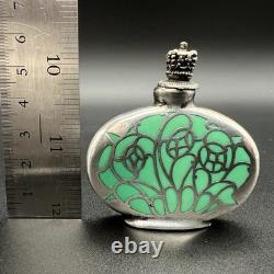 Antique Art Nouveau Silver Overlay Green Glass Miniature Bottle WithCrown Stopper