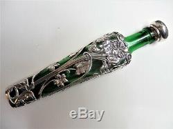 Antique Art Nouveau Silver Overlay Green Glass Scent Bottle Samuel Jacob London