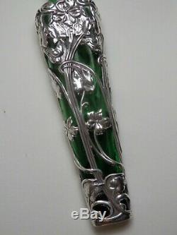 Antique Art Nouveau Silver Overlay Green Glass Scent Bottle Samuel Jacob London
