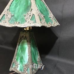 Antique Art Nouveau Slag Glass Lamp Green top and bottom panels light up 6 panel