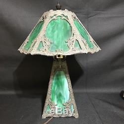 Antique Art Nouveau Slag Glass Lamp Green top and bottom panels light up 6 panel