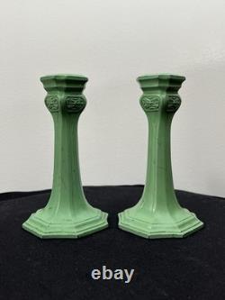 Antique Art Nouveau Spelter Verdigris Green Candlesticks Frankart Style 1920s